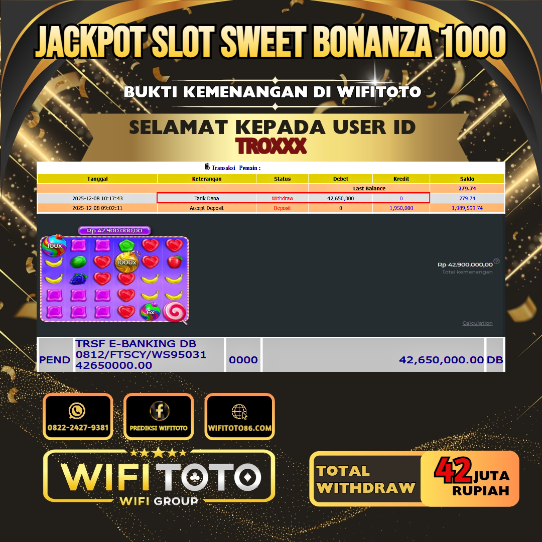 WIFITOTO JACKPOT SLOT SWEET BONANZA 1000 RP.42.000.000.,-LUNAS USER ID : TRO***	