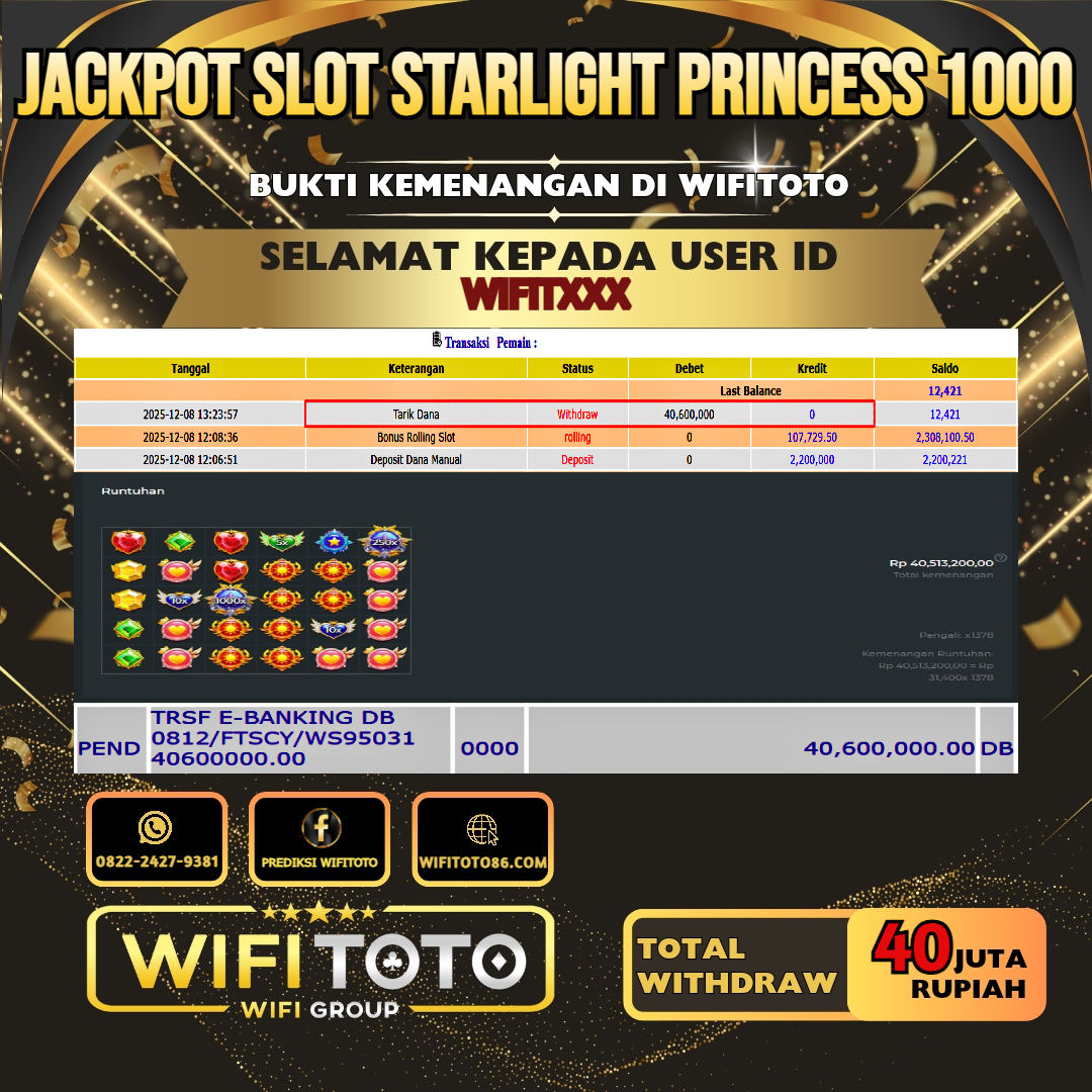 WIFITOTO JACKPOT SLOT STARLIGHT PRINCESS 1000 RP.40.000.000.,-LUNAS USER ID : WIFIT***	