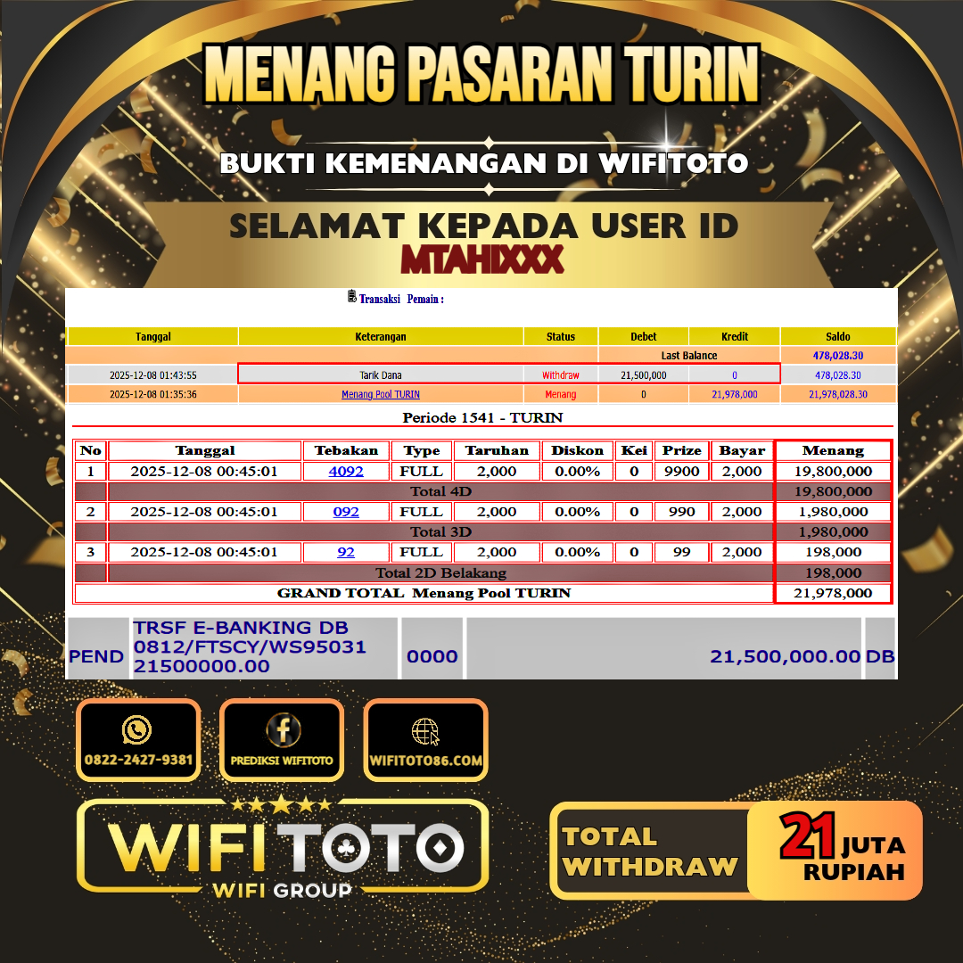 WIFITOTO JACKPOT TOGEL PASARAN TURIN RP.21.000.000.,-LUNAS USER ID : MTAHI***	