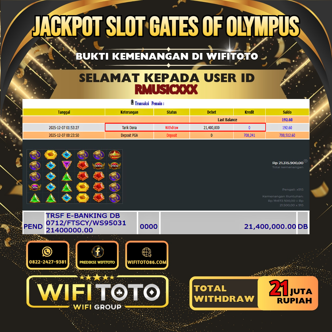 WIFITOTO JACKPOT SLOT GATES OF OLYMPUS RP.21.000.000.,-LUNAS USER ID : RMUSIC***	