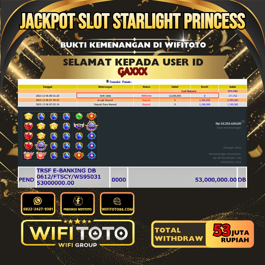 WIFITOTO JACKPOT SLOT STARLIGHT PRINCESS RP.53.000.000.,-LUNAS USER ID : GA***	