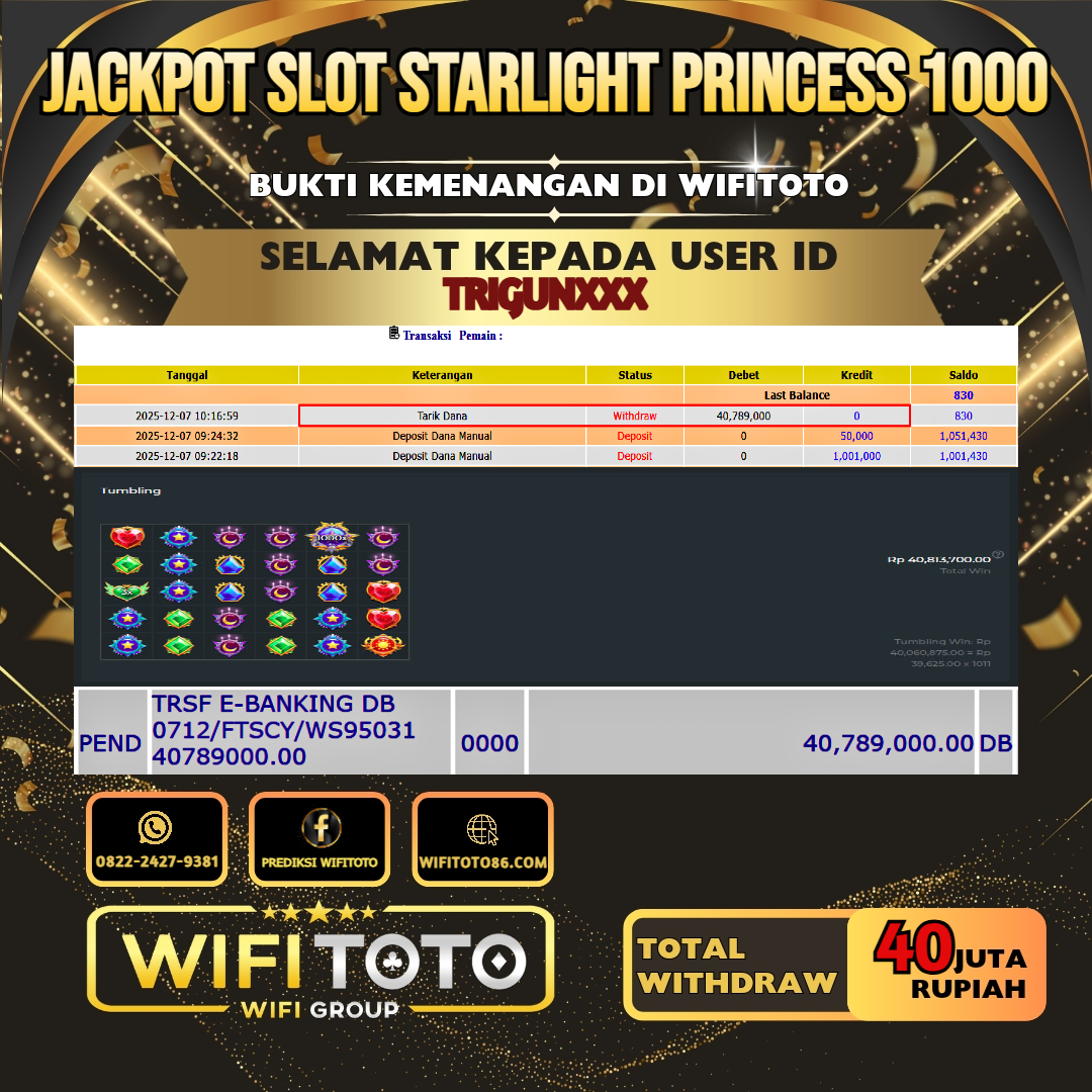 WIFITOTO JACKPOT SLOT STARLIGHT PRINCESS 1000 RP.40.000.000.,-LUNAS USER ID : TRIGUN***	