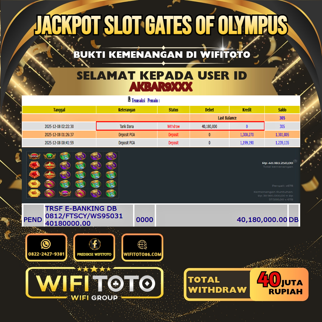 WIFITOTO JACKPOT SLOT GATES OF OLYMPUS RP.40.000.000.,-LUNAS USER ID : AKBAR9***	