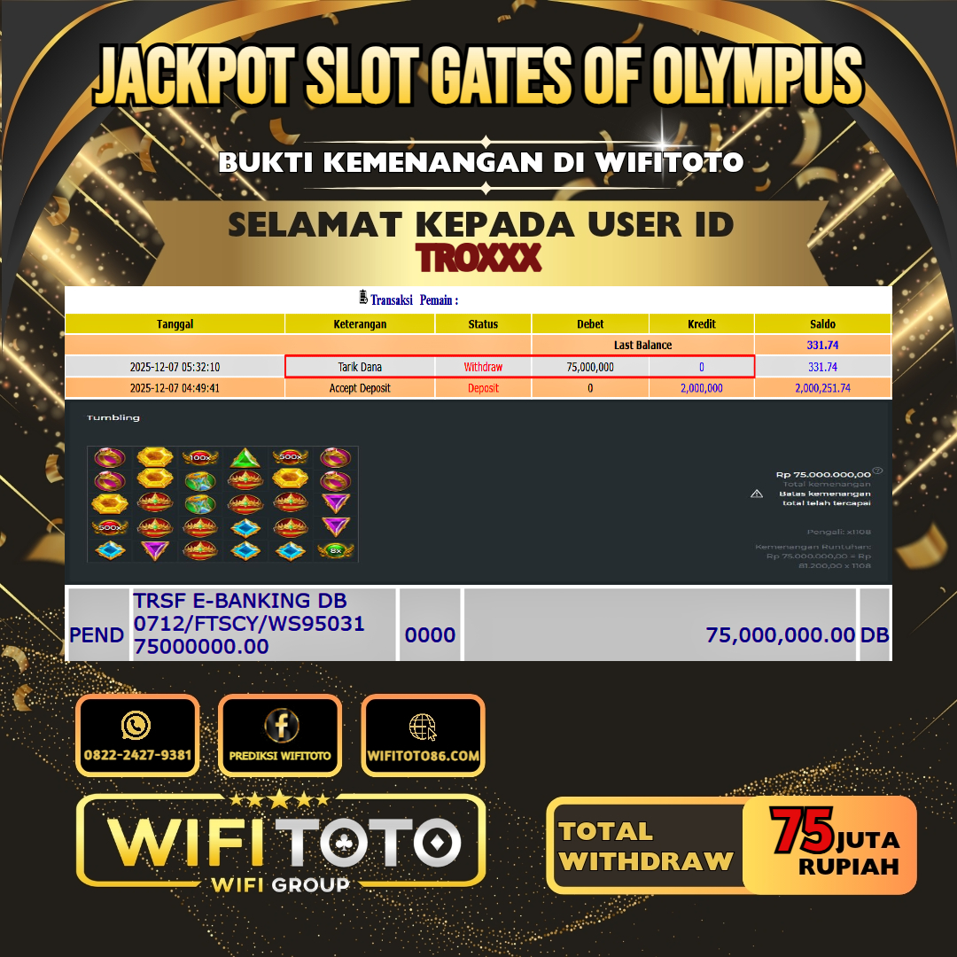 WIFITOTO JACKPOT SLOT GATES OF OLYMPUS RP.75.000.000.,-LUNAS USER ID : TRO***	
