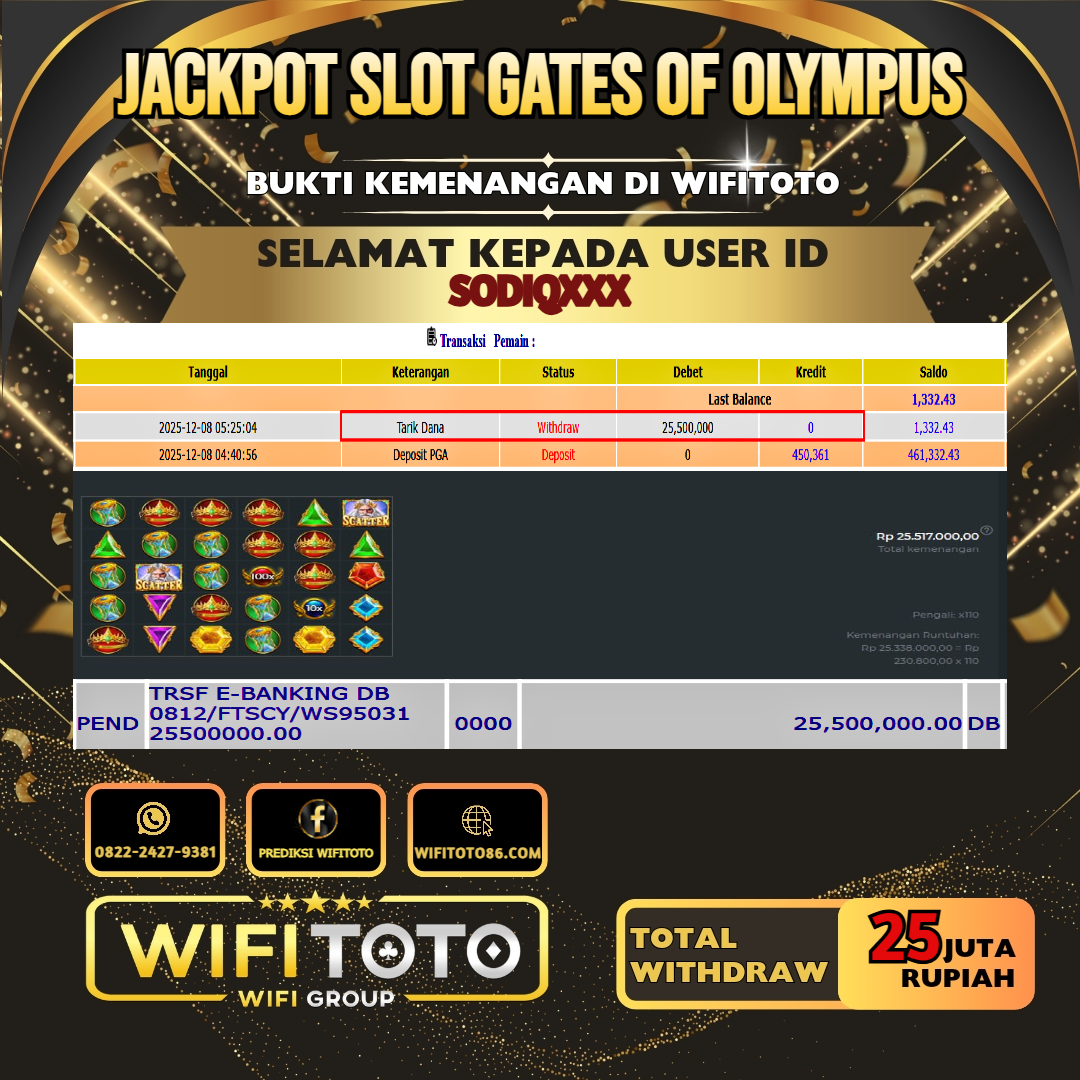 WIFITOTO JACKPOT SLOT GATES OF OLYMPUS RP.25.000.000.,-LUNAS USER ID : SODIQ***	