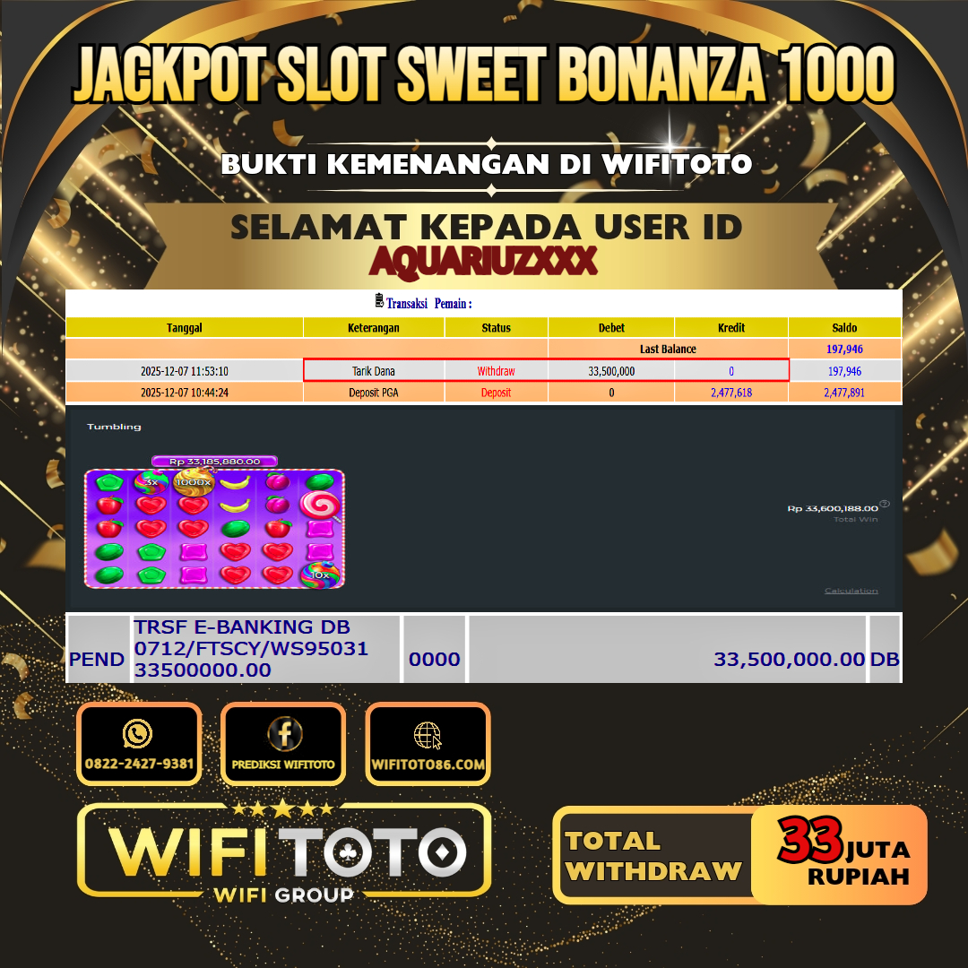 WIFITOTO JACKPOT SLOT SWEET BONANZA 1000 RP.33.000.000.,-LUNAS USER ID : AQUARIUZ***	